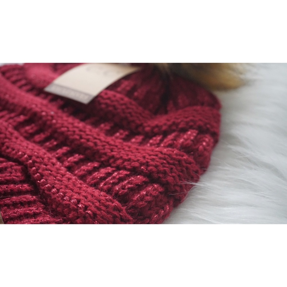 Metallic CC Pom Pom Beanie Burgundy Red Knit - Picture 5 of 5